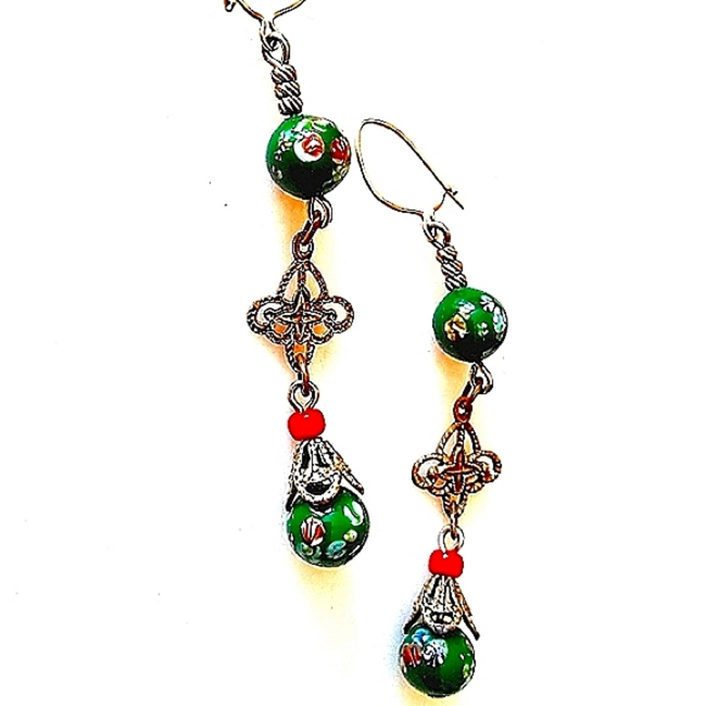 Vintage Cloisonne Dangling Earrings Green & Gold Floral